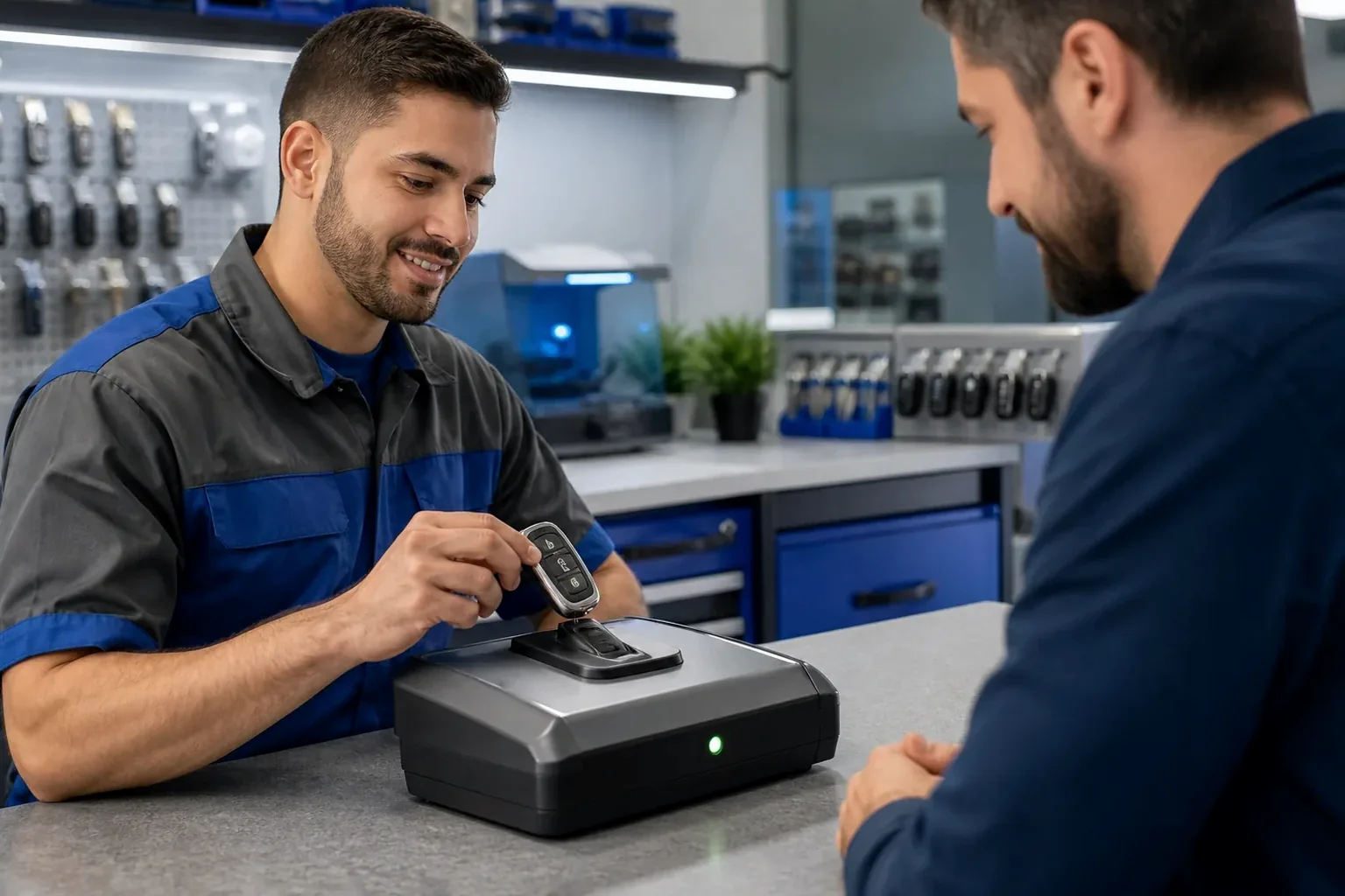 Profissional programando uma chave digital com equipamentos adequados.