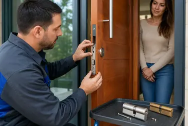 Profissional trocando uma fechadura com cuidado.